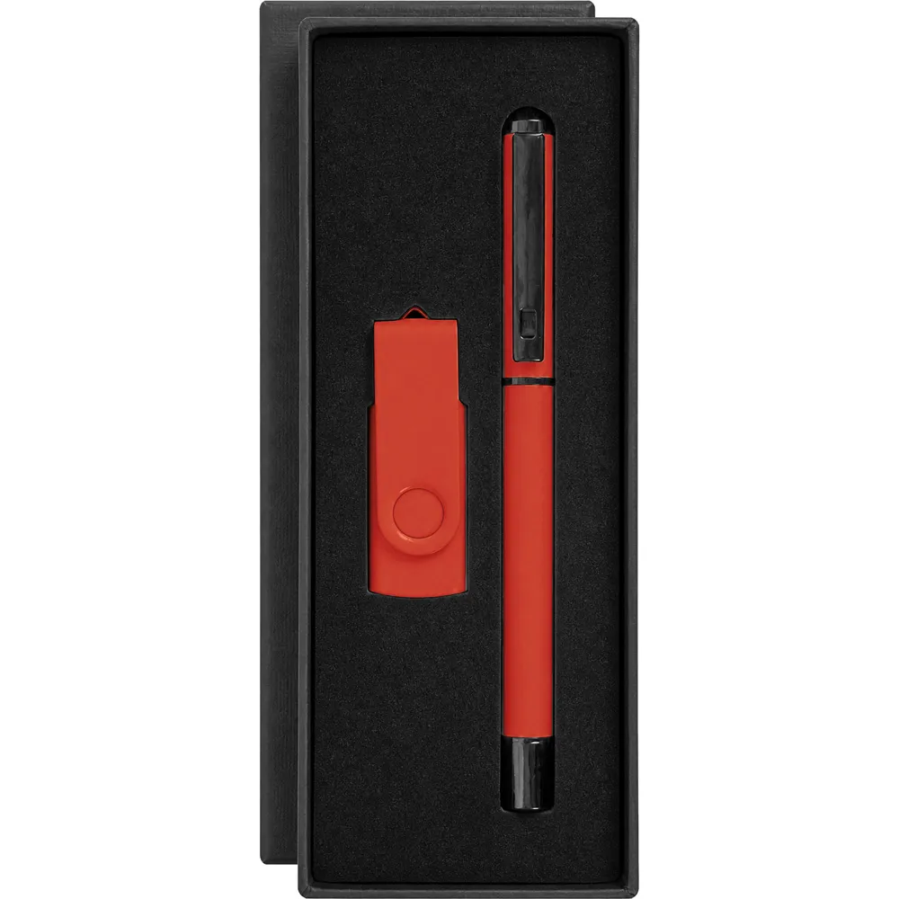 Metal Roller Kalem ve USB Bellek Seti -03174, Kırmızı, Taslama Kutulu