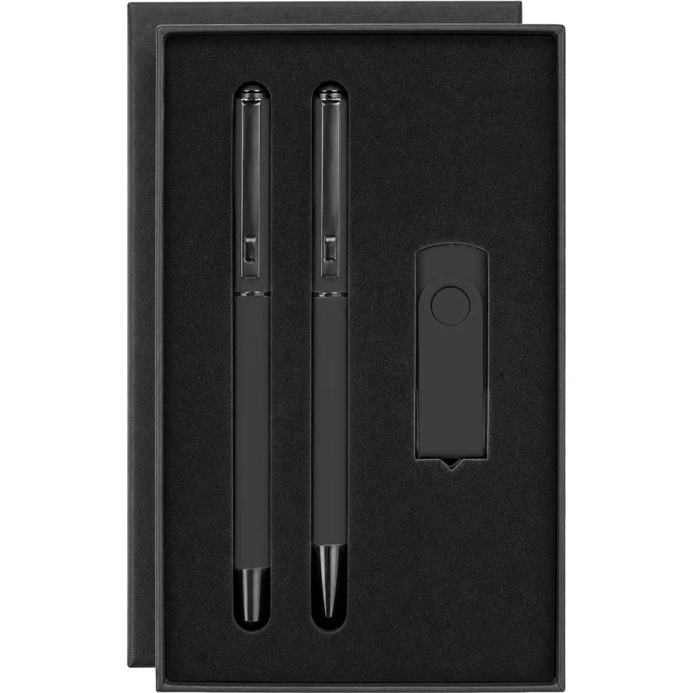 Metal USB ve Çift Kalemli Taslama Kutulu Hediye Seti -03175, Siyah, 16 GB Kutulu Görünüm