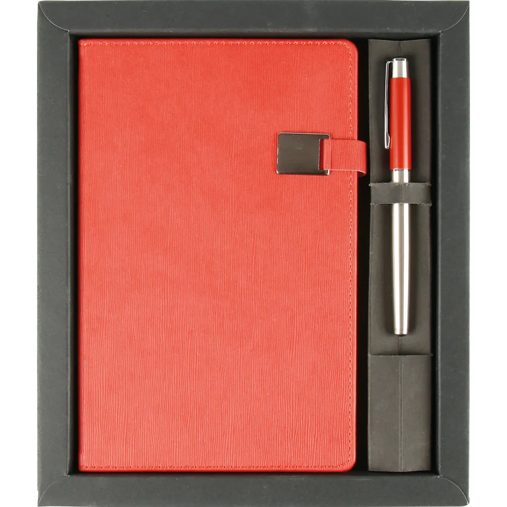 Termo Deri Defter ve Roller Kalem Hediyelik Set -03338, Kırmızı Kutu