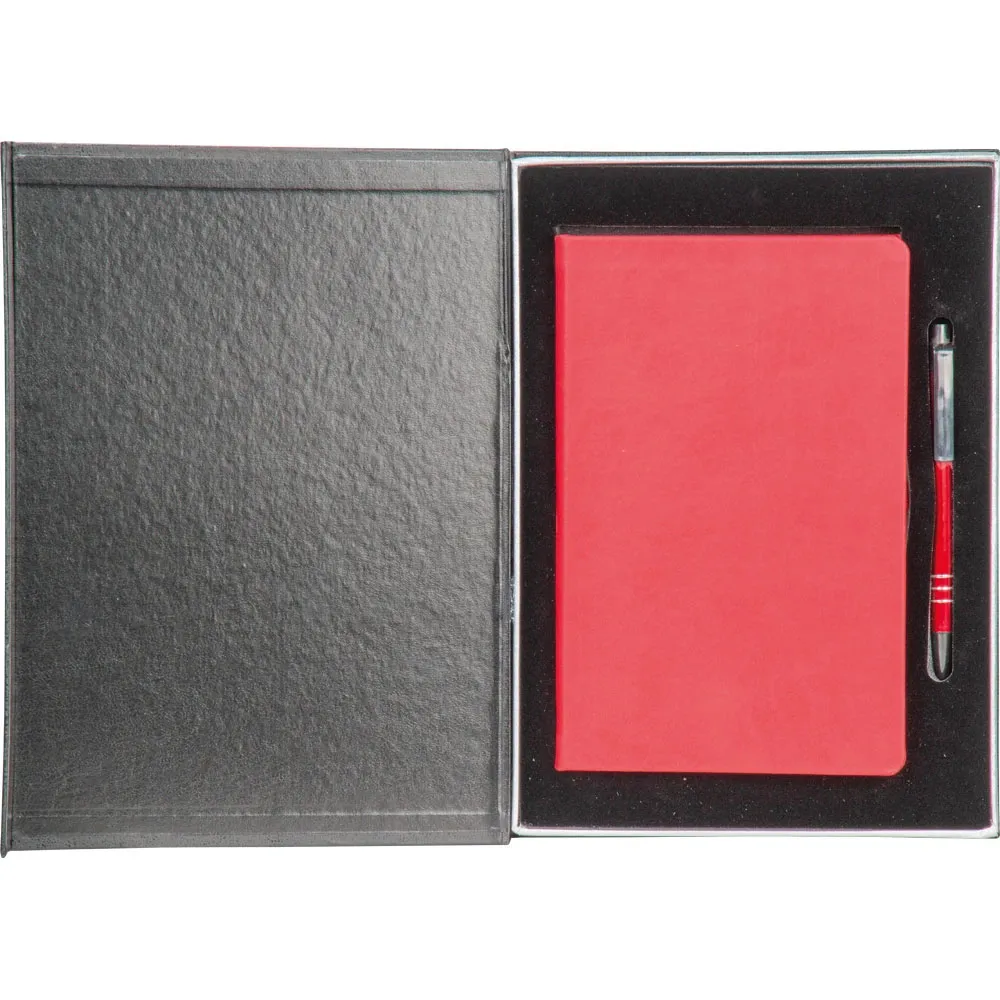Deri Kutulu Termo Deri Defter ve Metal Kalem Hediyelik Set -03357, Kırmızı Kutu Detay, 25 x 19 x 4 cm