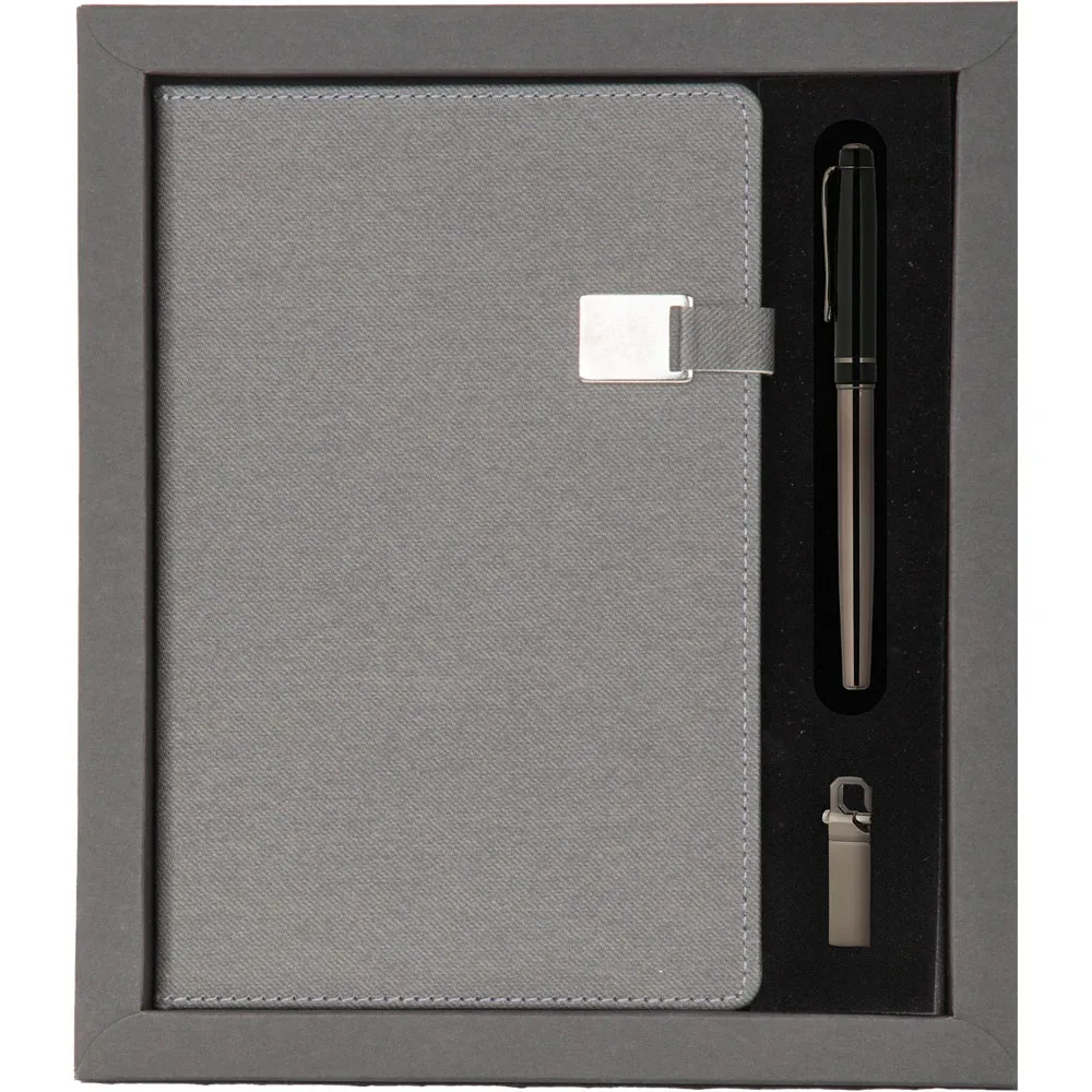 Defter USB Bellek ve Metal Kalem Hediyelik Set -03604, Füme Genel Görünüm