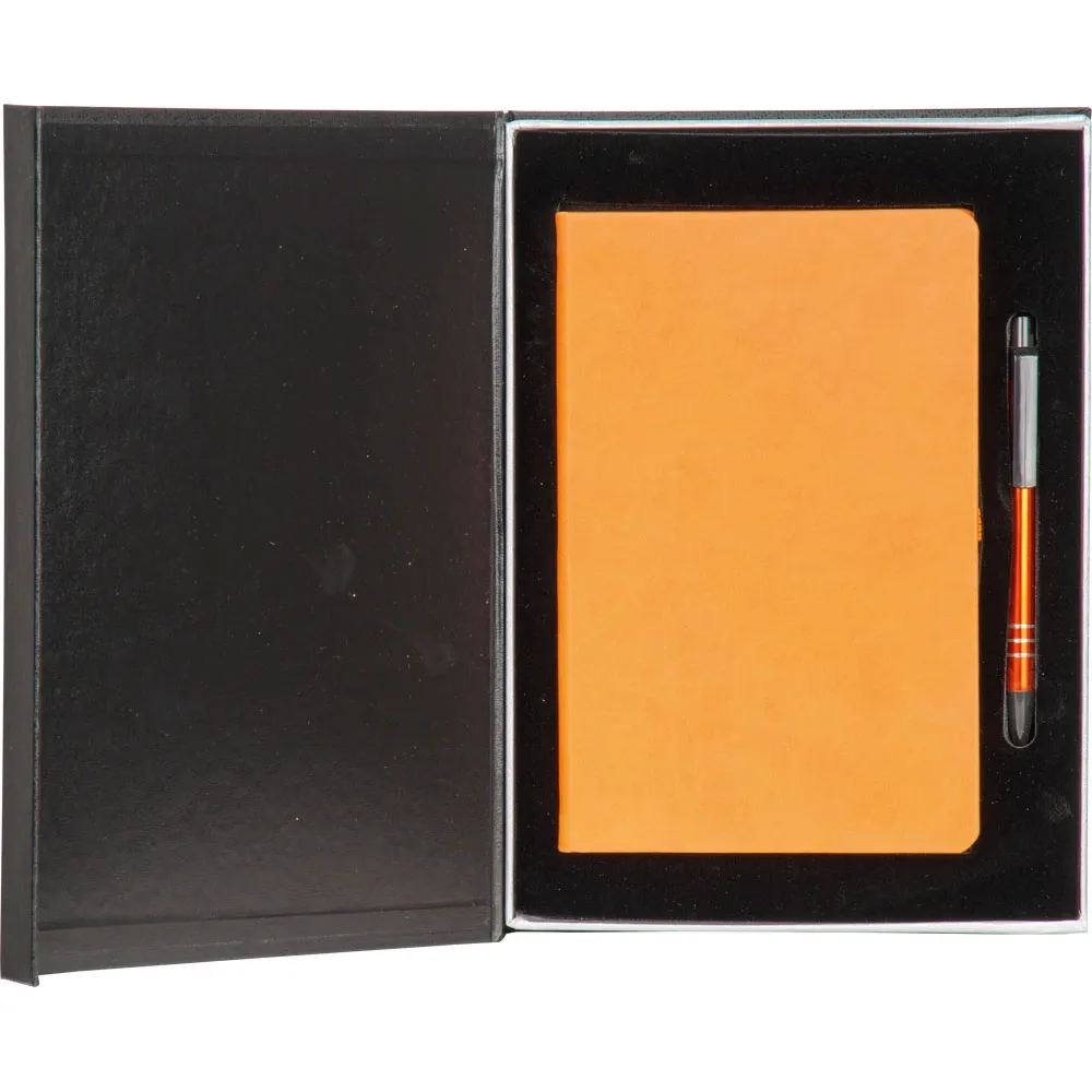 Deri Kutulu Termo Deri Defter ve Metal Kalem Hediyelik Set -03357, Turuncu, 25 x 19 x 4 cm